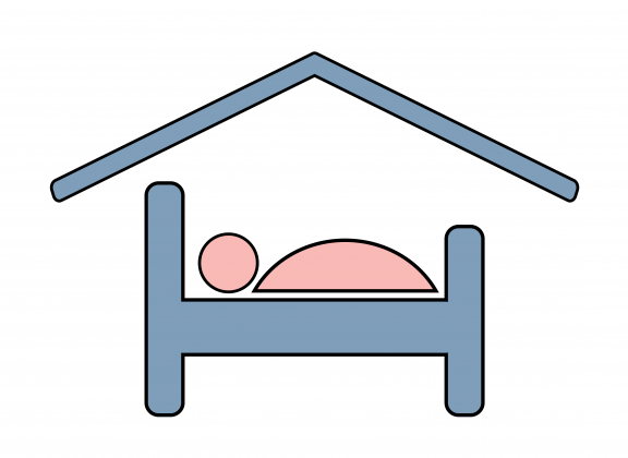 Piirroskuva katon alla sängyssä makaavasta henkilöstä.